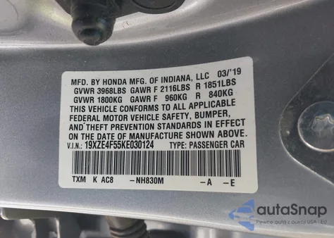 2019 Honda Insight Ex from USA, damaged, VIN 19XZE4F55KE030124